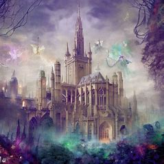 Create an image of Westminster Abbey styled as a whimsical and magical castle, filled with fantastical beings, fairies and dragons.