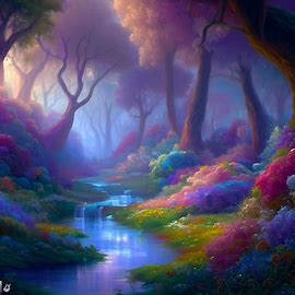 Paint a picture of a serene and enchanted forest, dotted with dazzling blooms of every hue, with whimsically shaped trees dotted throughout and a tranquil stream meandering its way.. Image 3 of 4