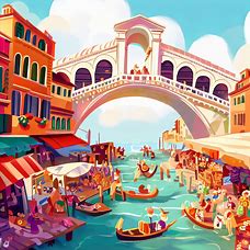 Illustrate Venice's famous Rialto Bridge, surrounded by vibrant, bustling markets and cute street performers.