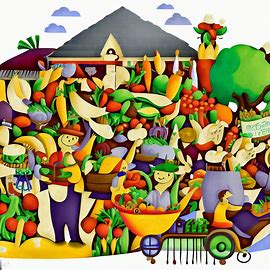 A whimsical representation of a local farmer's market, featuring an array of colorful crops, baskets, and joyful customers. Image 4 of 4