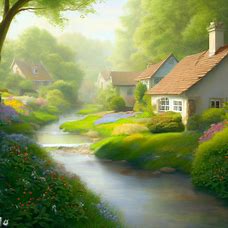 Create a pastoral scene of a quaint countryside village in the height of spring, with lush greenery, a gently flowing stream, and quaint cottages dotted about.