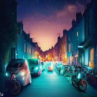 Imagine a community of electric vehicles and bikes along a side street in Dublin, brightly lit against the night sky.