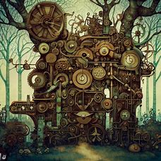Create a surreal and whimsical illustration of a forest filled with intricate clockwork and machinery.