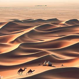 Draw a sweeping desert landscape dotted with camels and Bedouin tents in Qatar. Image 2 of 4