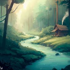 Draw a serene forest landscape with a river flowing through it and a small cabin by the river.