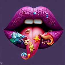 Create a fantastical representation of lips, incorporating different creatures such as dragons and unicorns.