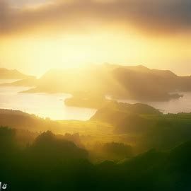 Depict a magical, ethereal landscape of the Azores at sunset, with the sun casting a warm glow over the entire island.. Image 4 of 4