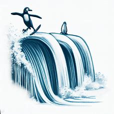 Draw a surfer jumping over a waterfall and into the ocean, with a penguin sitting on the surfboard.
