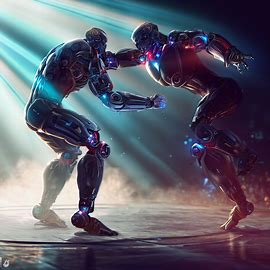 Create an image of a futuristic wrestling match where the fighters have unique robotic enhancements.. Image 1 of 4