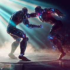 Create an image of a futuristic wrestling match where the fighters have unique robotic enhancements.
