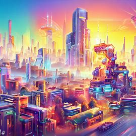 Create an illustration of Johannesburg in the year 2030, a bright and bustling metropolis with modern skyscrapers and robotics technology.. Image 3 of 4