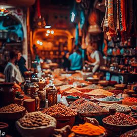 A vibrant local market scene filled with exotic spices, craftsmanship, and unique products. Image 4 of 4