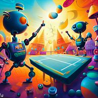 Create a whimsical and colorful illustration of two robots playing table tennis in the middle of a futuristic city.