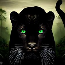 Design a black jaguar with piercing green eyes, set against a backdrop of the Amazon rainforest.