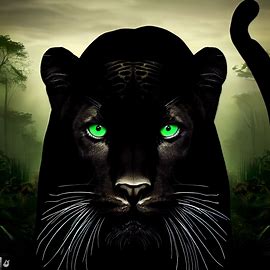Design a black jaguar with piercing green eyes, set against a backdrop of the Amazon rainforest.. Image 1 of 4