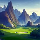 Draw a majestic golf course surrounded by towering mountain peaks.