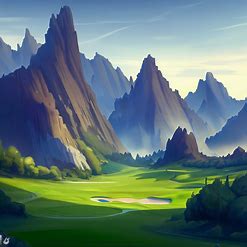 Draw a majestic golf course surrounded by towering mountain peaks.