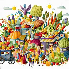 A whimsical representation of a local farmer's market, featuring an array of colorful crops, baskets, and joyful customers. Image 3 of 4