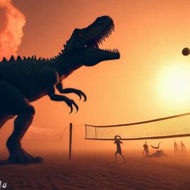 Think of a world where giant, extinct creatures like dinosaurs playing a heated volleyball game. Image 2 of 4