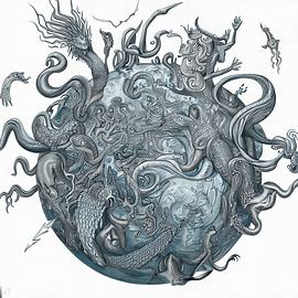 Draw a fantastical earth with multiple Arms, tentacles and oceans filled with mythical creatures like mermaids, dragons and sea-monsters. Image 1 of 4