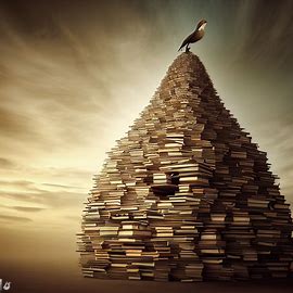 Visualize a massive tower of books that rises highest with a bird's nest of knowledge at the top.. 4 এর 2 ছবি