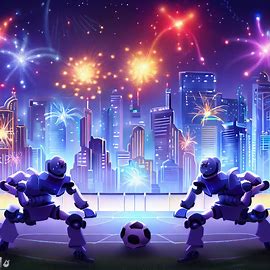 Illustrate a city skyline at night, showing a bright display of lights and fireworks, as two teams of robots face off in a high-stakes soccer match.. Image 2 of 4