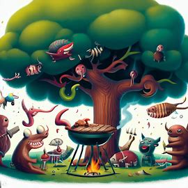 Illustrate a world where meat grows on trees, and creatures of all shapes and sizes enjoy a never-ending BBQ. Image 3 of 4