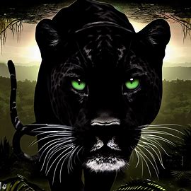Design a black jaguar with piercing green eyes, set against a backdrop of the Amazon rainforest.. Image 2 of 4