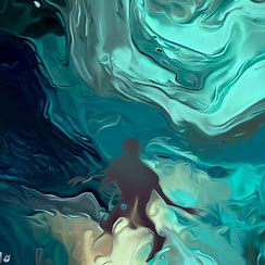 Create an underwater abstract art piece that features a person swimming