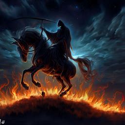 Make a beautiful mythical artwork of the grim reaper riding a horse with flames in a night sky