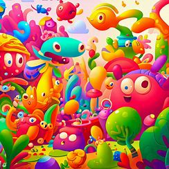 A vibrant, cartoonish world filled with playful creatures and bright colors.