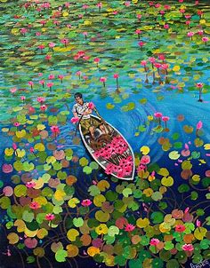 Vietnam water lilies lake! Ready to hang canvas Acrylic painting by Amita Dand | Artfinder