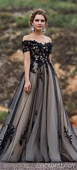 Image result for Black Lace Tulle Champagne Wedding Dress