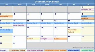 Image result for December 2012 Calendar with Holidays