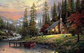 Image result for Woodland Paintings with Cottage at Sunset