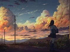 Anime Girl Outside Power Lines Clouds Wallpaper 4K