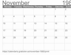 Image result for November 1980 Calendar