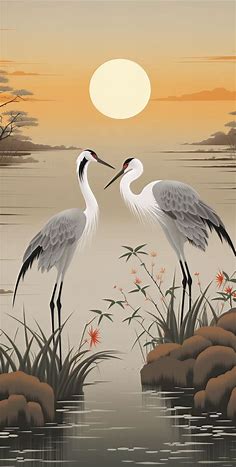'Lakeside Crane Serenade': Romantic Illustrations Meet Nature | Абстрактные картины, Тотемы животных, Китайская живопись