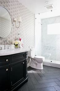 Image result for Bathroom Floor Tile Black Cabinets