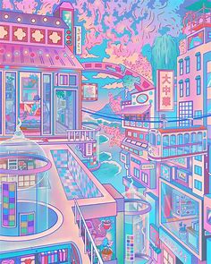 Enter the futuristic, vaporwave dreamland of illustrator Yu Cai | Kawaii wallpaper, Anime scenery wallpaper, Vaporwave wallpaper