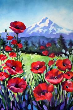 Mount Hood and Poppies | Flower art painting, Nature art painting, Canvas art painting