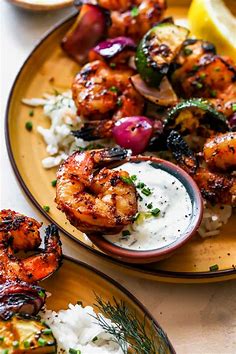 Greek-Marinated Shrimp Skewers with Lemon-Dill Sauce - Dishing Out Health