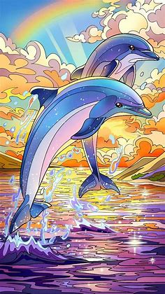 Dolphins Jumping in Front of Rainbow Sky