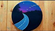 How to paint a dreamy scene of nature with a road and bright lights and a blue sky. With acrylics