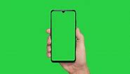 Hands holding cell phone with green screen in green background