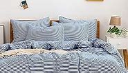JELLYMONI 100% Natural Cotton 3pcs Striped Duvet Cover Sets,White Duvet Cover with Blue Stripes Pattern Printed Comforter Cover,with Zipper Closure & Corner Ties(Queen Size)