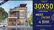30x50 West Facing House Plan | 1500 Square feet | 4 BHK | 30*50 House Design 3D | 30y50 House Plan