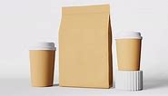 Paper coffee cups with white lid pouch bag mockup on podium 3D animation Coffee shop discount demo