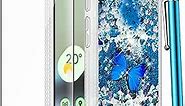 for Google Pixel 6A Case with Glass Screen Protector, Glitter Liquid Floating Clear Sparkle Women Girls Cute Soft TPU Slim Protective Phone Case for Google Pixel 6A 5G (2022) -Blue Butterfly