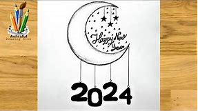 How to draw happy new year card ''2024'' with pencil || Easy drawing moonlight scenery ||